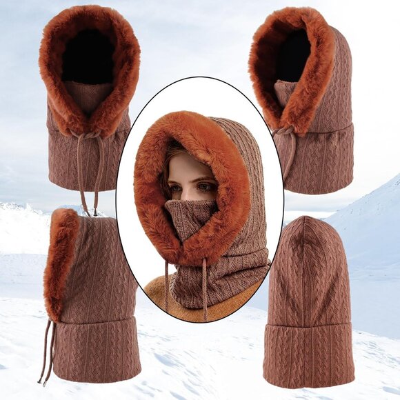 Women Coffee Polyester Warm Thick Fluff Beanie Adult Neck Face Winter Balaclava - Picture 3 of 7